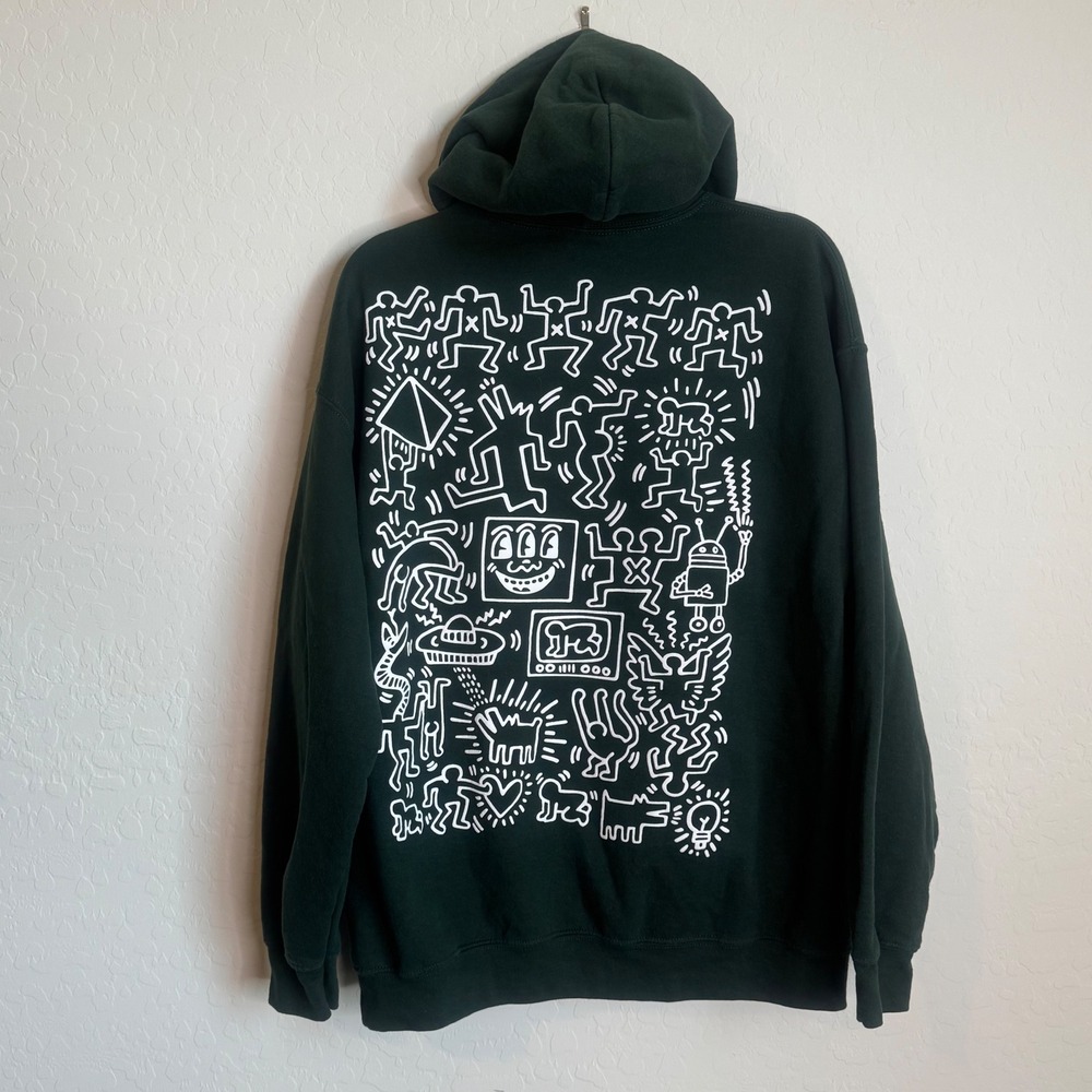Keith Haring Forest Green Pop Art Graphic Hoodie Sweatshirt Mens Large L